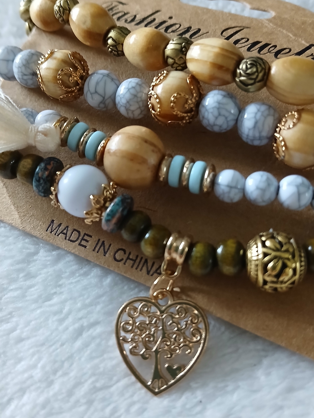 Wood Beaded Stackable 4 Pc Bracelet Set - Heart Charm, Tree, Tassle [Golds] - Picture 2 of 4